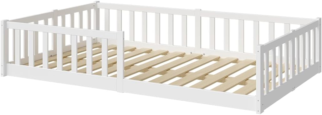 Bellabino Montessori Bodenbett für Kinder aus Kiefernholz mit Rausfallschutz & Lattenrost, 120x200 cm, Weiß