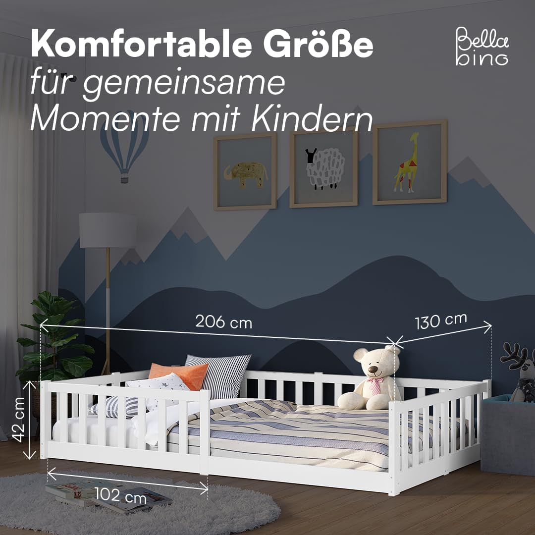 Bellabino Montessori Bodenbett für Kinder aus Kiefernholz mit Rausfallschutz & Lattenrost, 120x200 cm, Weiß