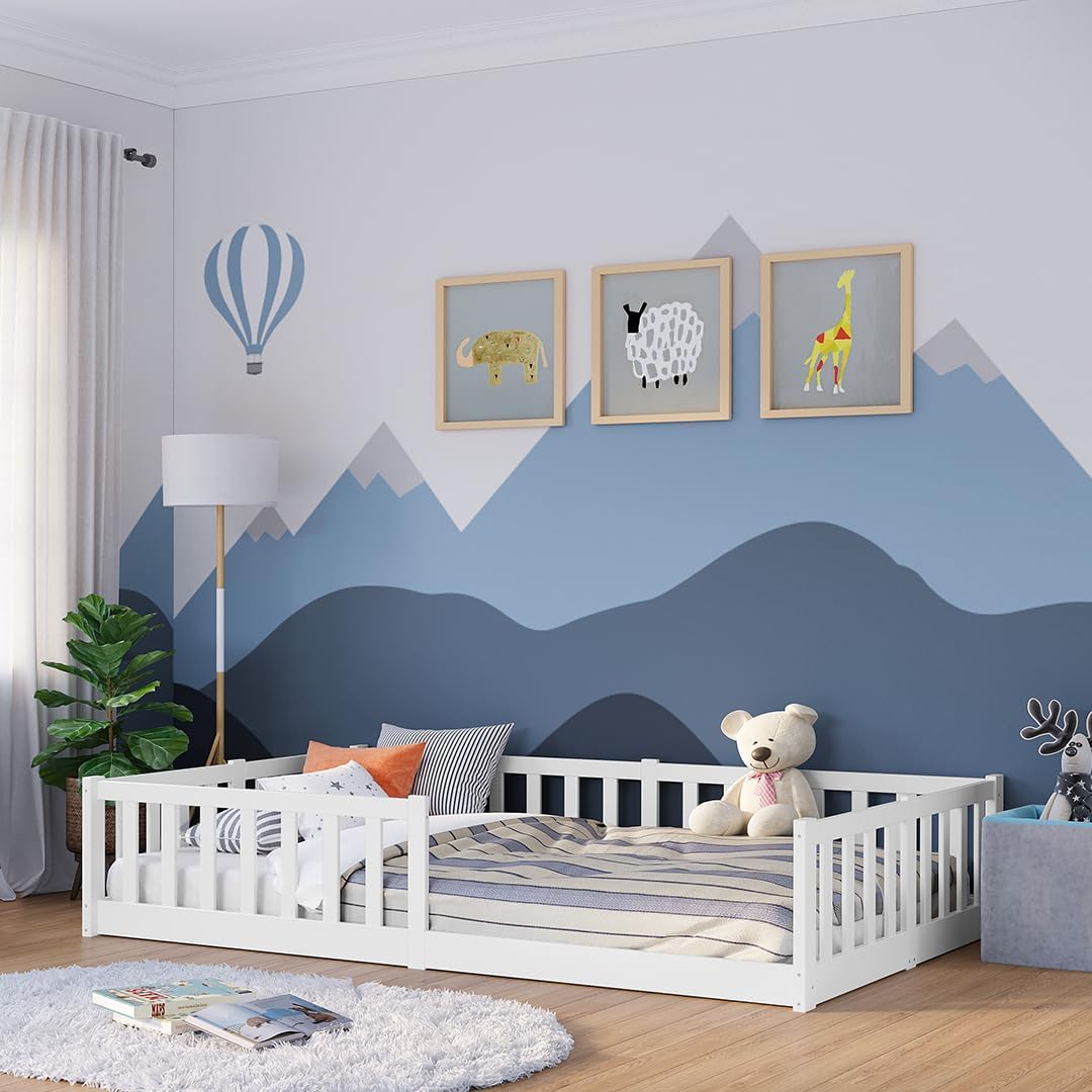 Bellabino Montessori Bodenbett für Kinder aus Kiefernholz mit Rausfallschutz & Lattenrost, 120x200 cm, Weiß