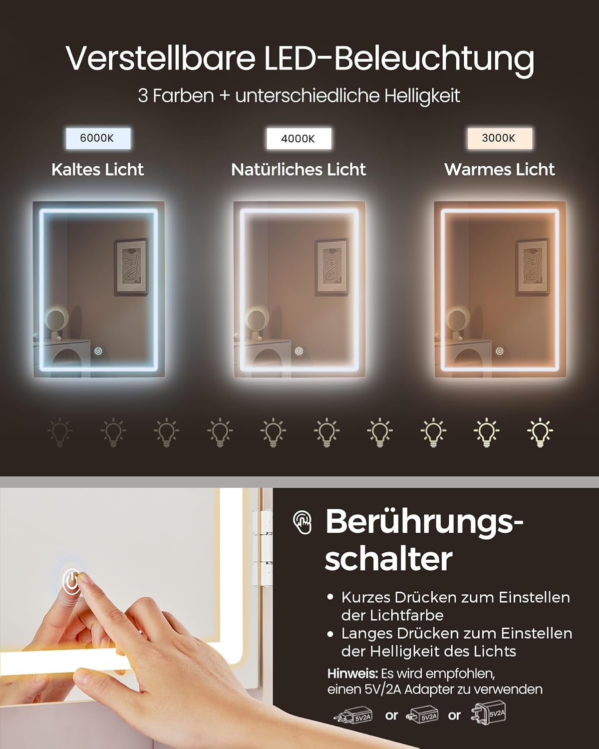 VASAGLE Kailyn Schminktisch mit LED-Spiegel, Hocker, Schubladen, Weiß