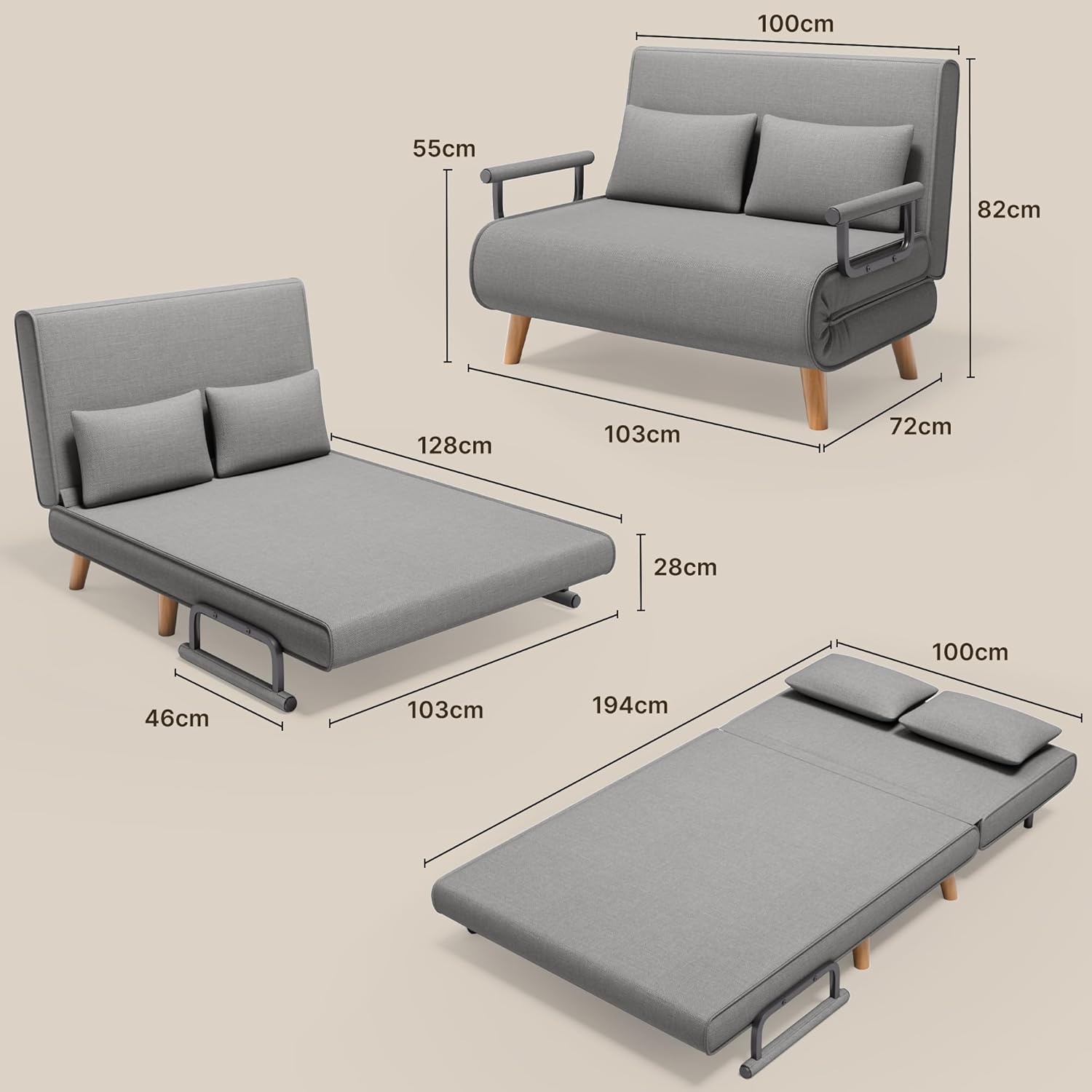 Xbro Schlafsessel mit Bettfunktion Hellgrau – 2-Sitzer Schlafsofa mit verstellbarer Rückenlehne