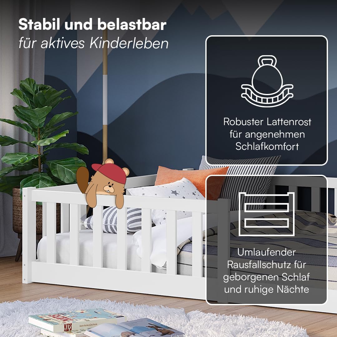 Bellabino Montessori Bodenbett für Kinder aus Kiefernholz mit Rausfallschutz & Lattenrost, 120x200 cm, Weiß