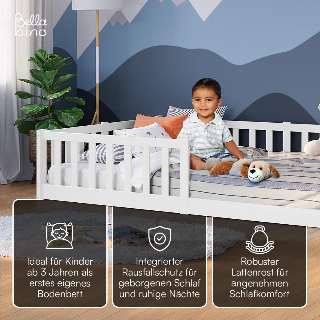 Bellabino Montessori Bodenbett für Kinder aus Kiefernholz mit Rausfallschutz & Lattenrost, 120x200 cm, Weiß