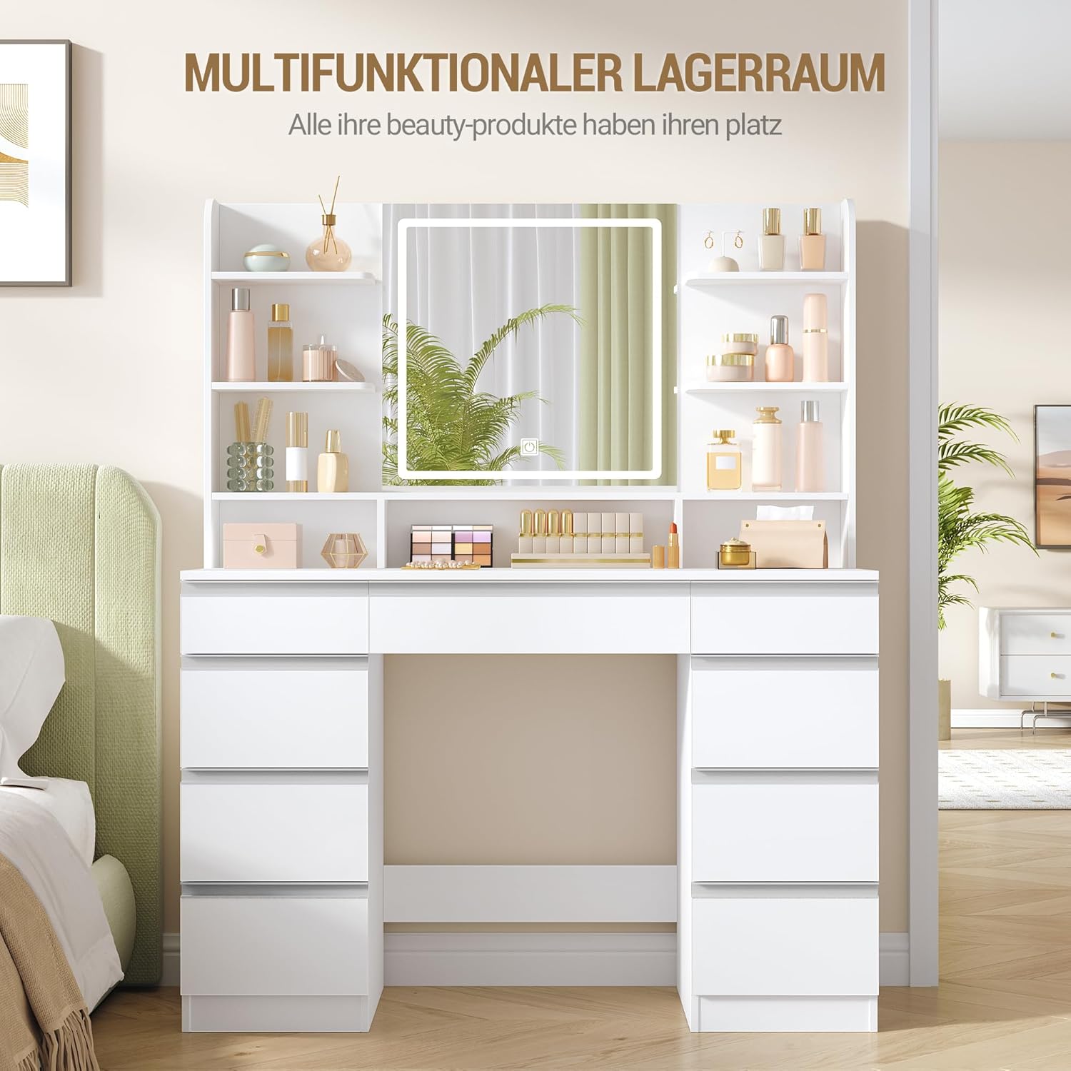 Hzuaneri Schminktisch mit LED Spiegel, 9 Schubladen, Weiß-Silber