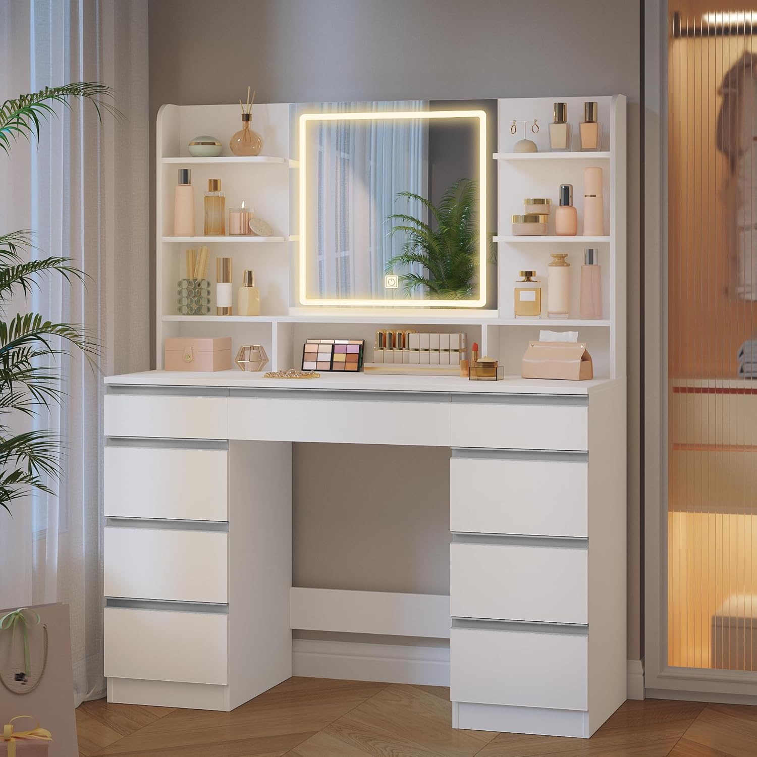 Hzuaneri Schminktisch mit LED Spiegel, 9 Schubladen, Weiß-Silber
