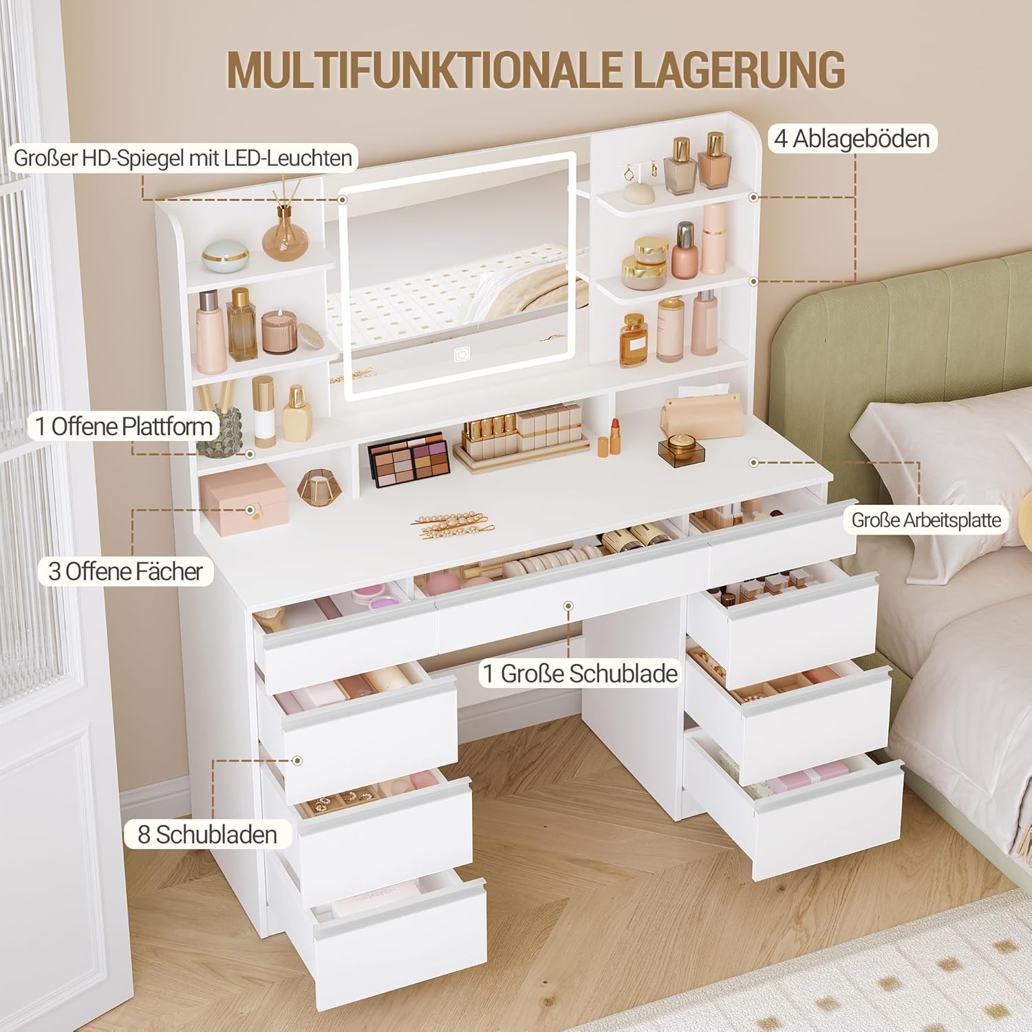 Hzuaneri Schminktisch mit LED Spiegel, 9 Schubladen, Weiß-Silber