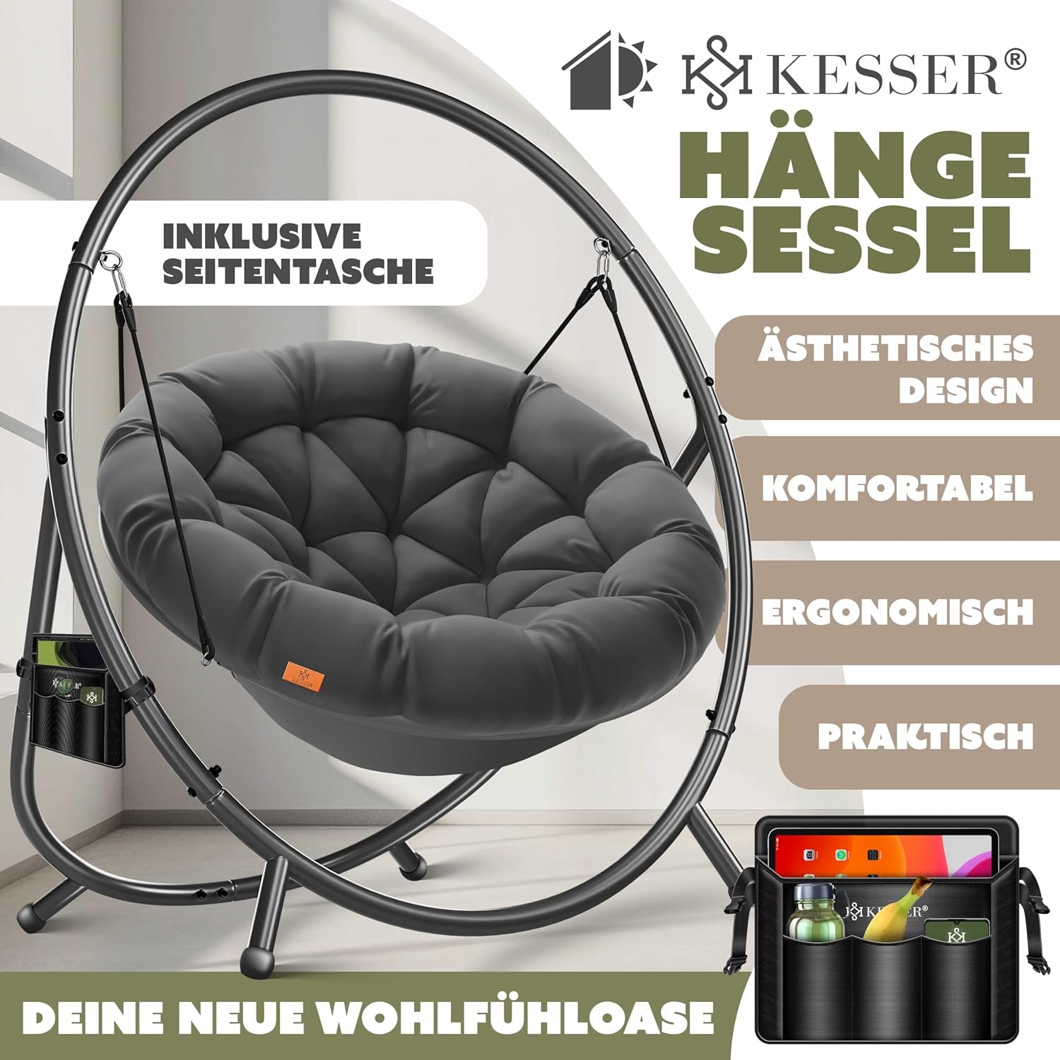 KESSER Hängesessel mit Gestell – Hängestuhl Indoor/Outdoor, inkl. Kissen & Tasche